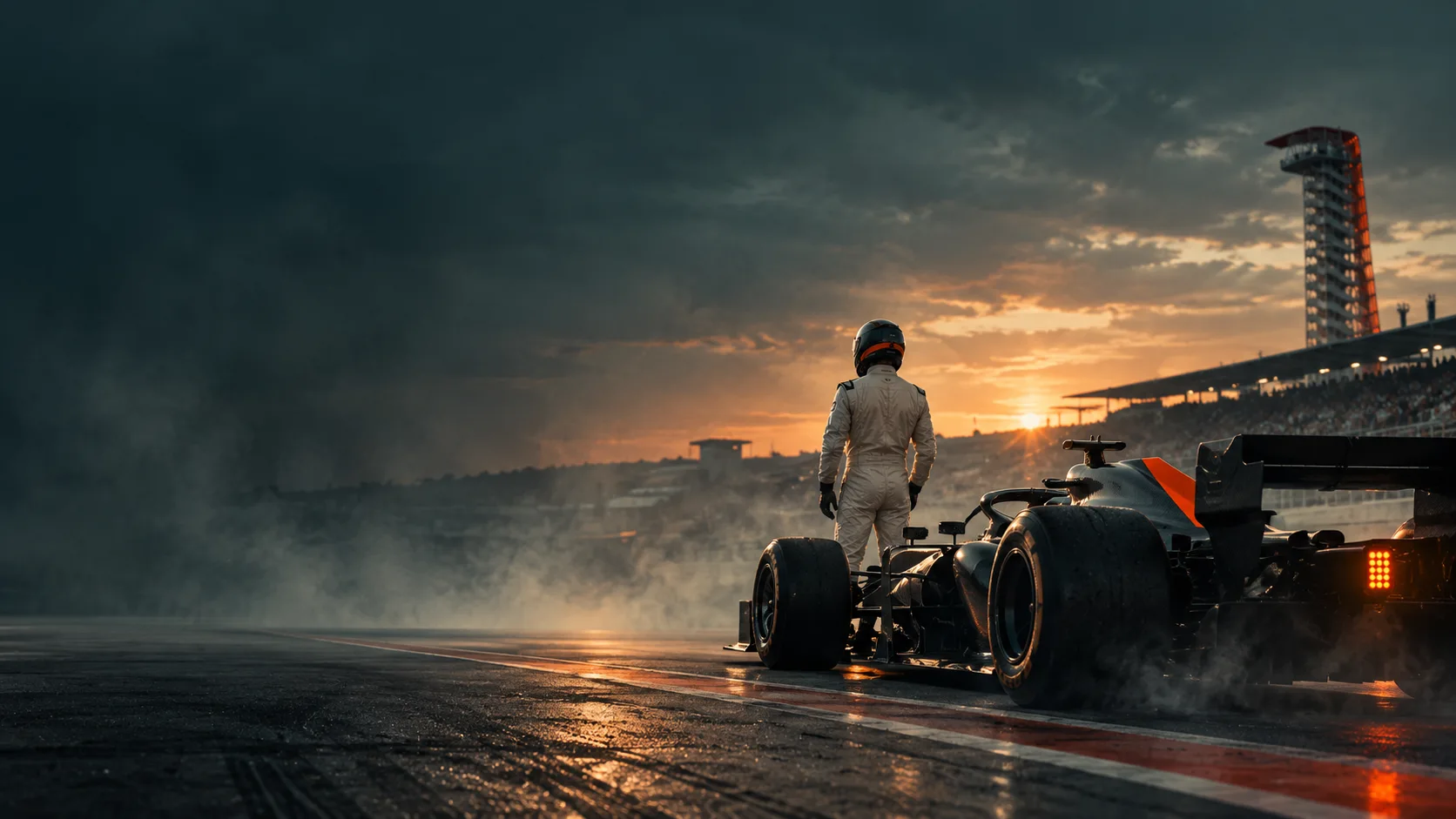 An open-wheel race car and a helmeted driver in the atmospheric evening light of an Austin-inspired circuit
